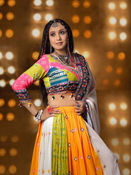 Multi Color Digital Printed Mirror Work Cotton Navratri Lehenga - Ahesas