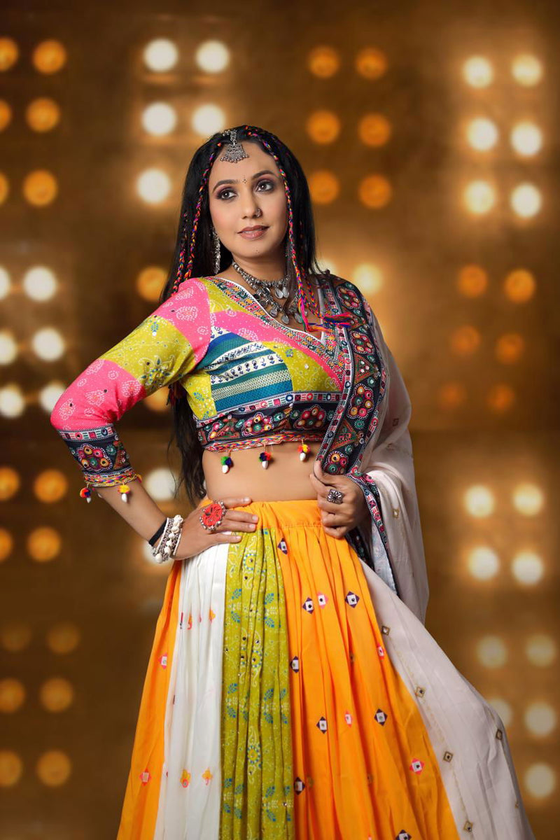Multi Color Digital Printed Mirror Work Cotton Navratri Lehenga - Ahesas