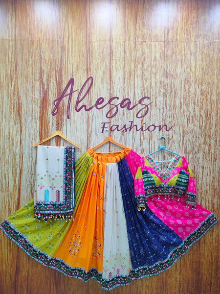 Multi Color Digital Printed Mirror Work Cotton Navratri Lehenga - Ahesas