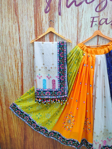 Multi Color Digital Printed Mirror Work Cotton Navratri Lehenga - Ahesas