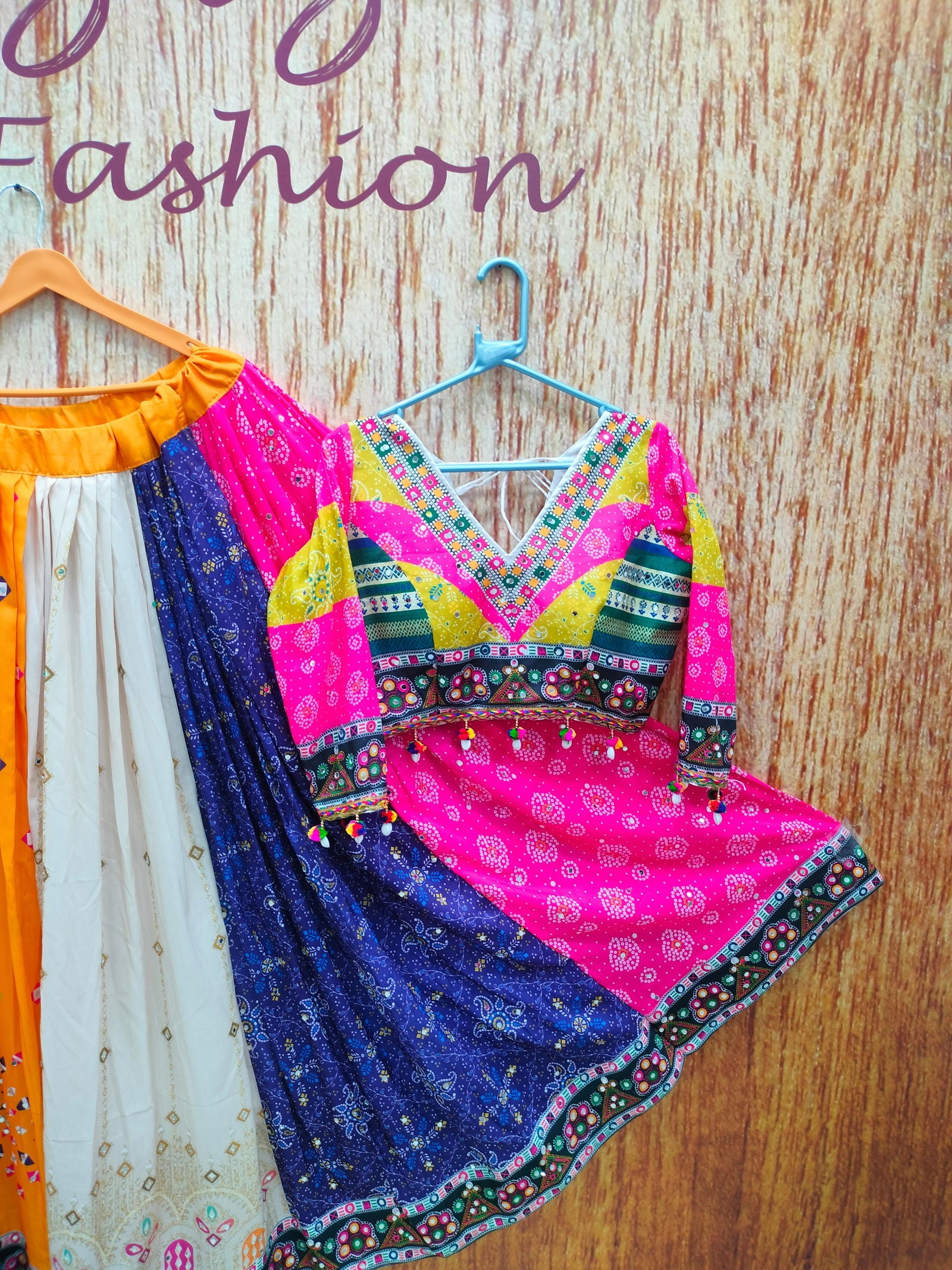 Multi Color Digital Printed Mirror Work Cotton Navratri Lehenga - Ahesas