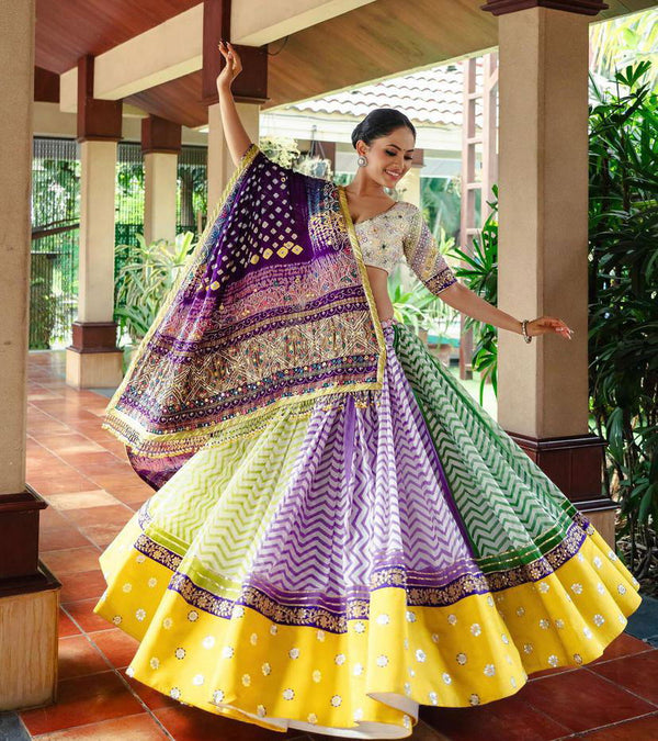 Multi Color Muslin Cotton With Digital Print And Real Mirror Work Designer Navratri  Special Lehenga Choli Set - Ahesas