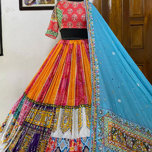 Multi Color Muslin Cotton With Digital Print Real Mirror Navratri  Special Lehenga Choli Set - Ahesas