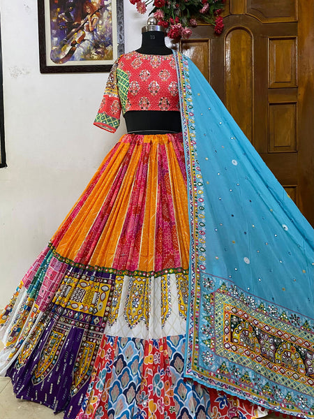 Multi Color Muslin Cotton With Digital Print Real Mirror Navratri  Special Lehenga Choli Set - Ahesas