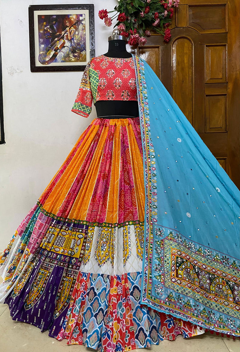 Multi Color Muslin Cotton With Digital Print Real Mirror Navratri  Special Lehenga Choli Set - Ahesas