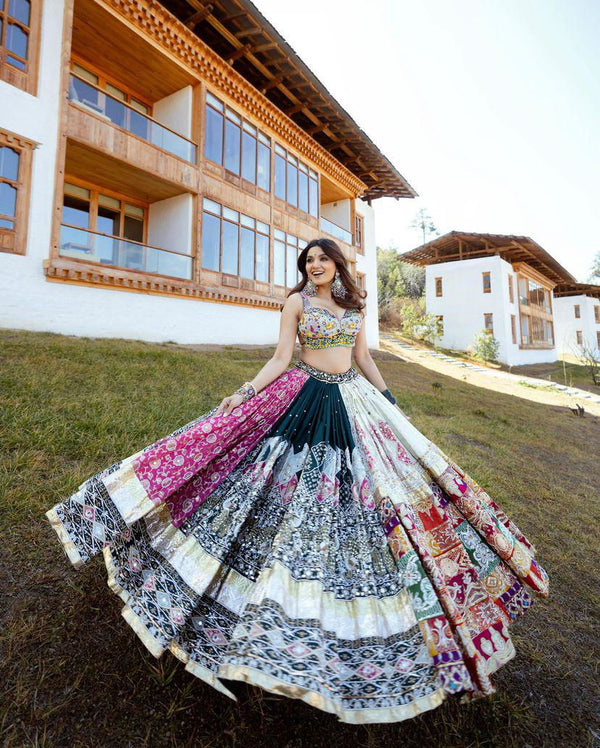 Multi Color Muslin Cotton With Digital Print Real Mirror Work Designer Navratri Special Lehenga Choli Set - Ahesas