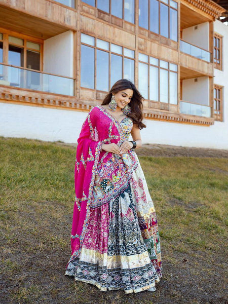 Multi Color Muslin Cotton With Digital Print Real Mirror Work Designer Navratri Special Lehenga Choli Set - Ahesas