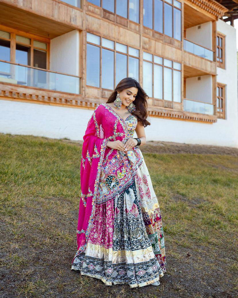 Multi Color Muslin Cotton With Digital Print Real Mirror Work Designer Navratri Special Lehenga Choli Set - Ahesas