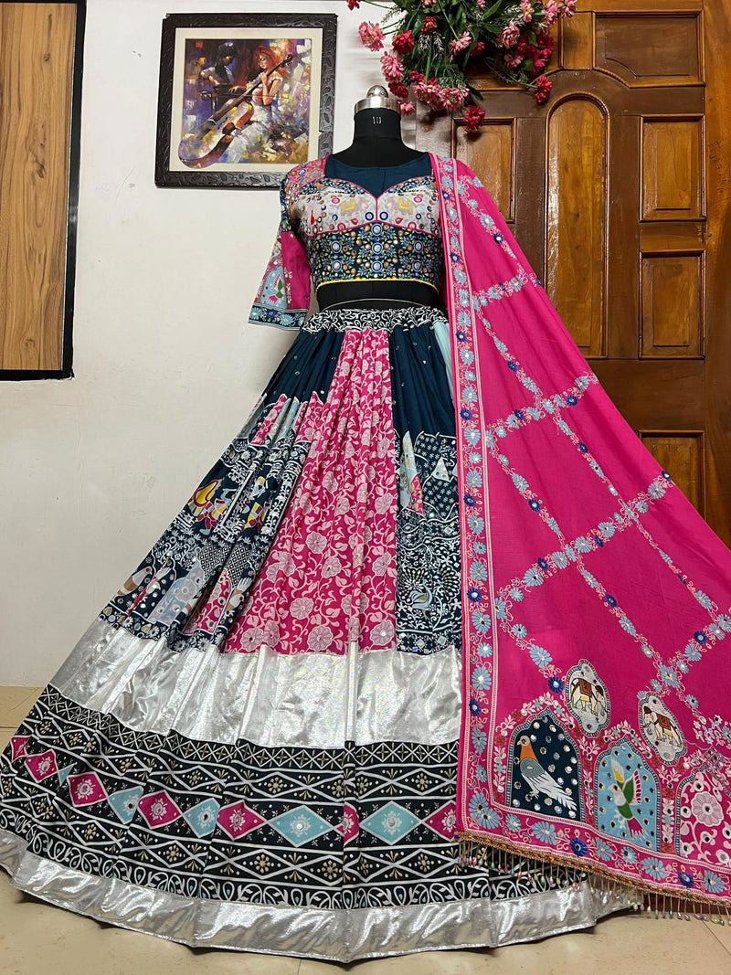 Multi Color Muslin Cotton With Digital Print Real Mirror Work Designer Navratri Special Lehenga Choli Set - Ahesas