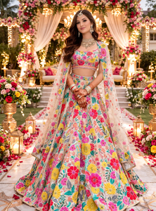 Cream Floral Embroidery Sequence Work Wedding Wear Designer Lehenga Choli