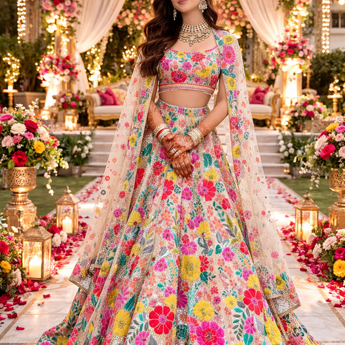 Cream Floral Embroidery Sequence Work Wedding Wear Designer Lehenga Choli