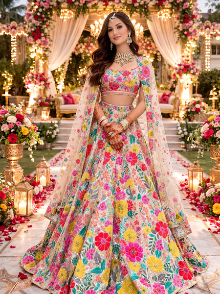 Cream Floral Embroidery Sequence Work Wedding Wear Designer Lehenga Choli