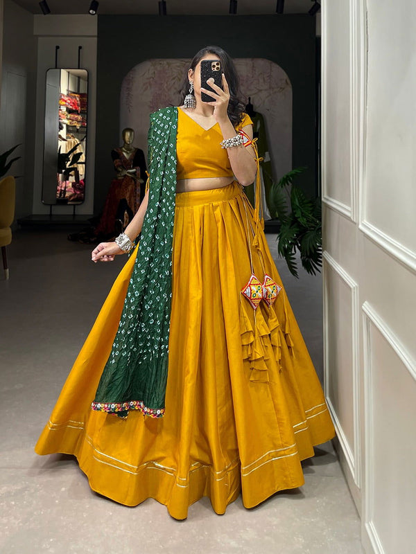 Mustard  Color Pure Cotton With Plain With Gotta Patti Premium Navratri Lehengas - Ahesas