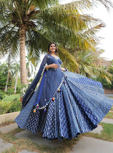 Navy Blue Color Maslin With Printed  Navratri  Special Designer Lehengas - Ahesas