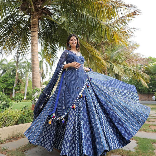 Navy Blue Color Maslin With Printed  Navratri  Special Designer Lehengas - Ahesas