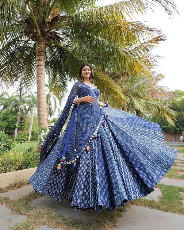 Navy Blue Color Maslin With Printed  Navratri  Special Designer Lehengas - Ahesas