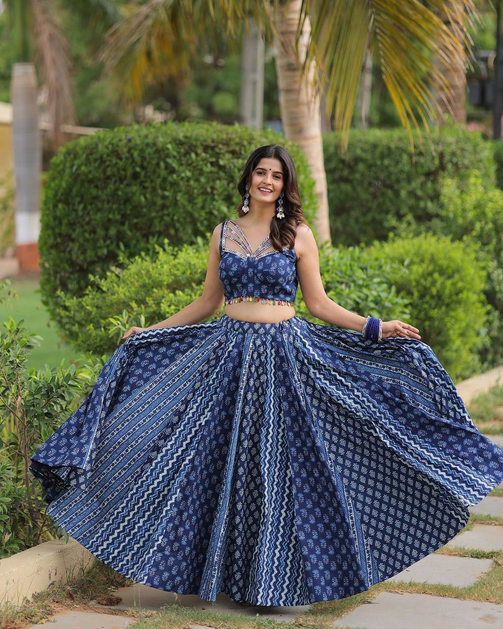 Navy Blue Color Maslin With Printed  Navratri  Special Designer Lehengas - Ahesas