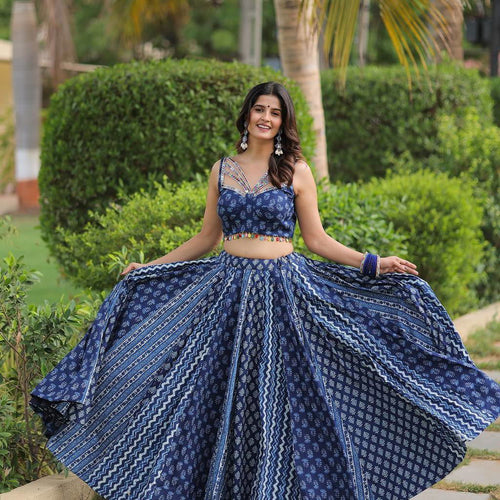 Navy Blue Color Maslin With Printed  Navratri  Special Designer Lehengas - Ahesas