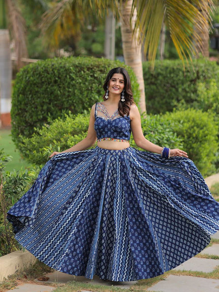 Navy Blue Color Maslin With Printed  Navratri  Special Designer Lehengas - Ahesas