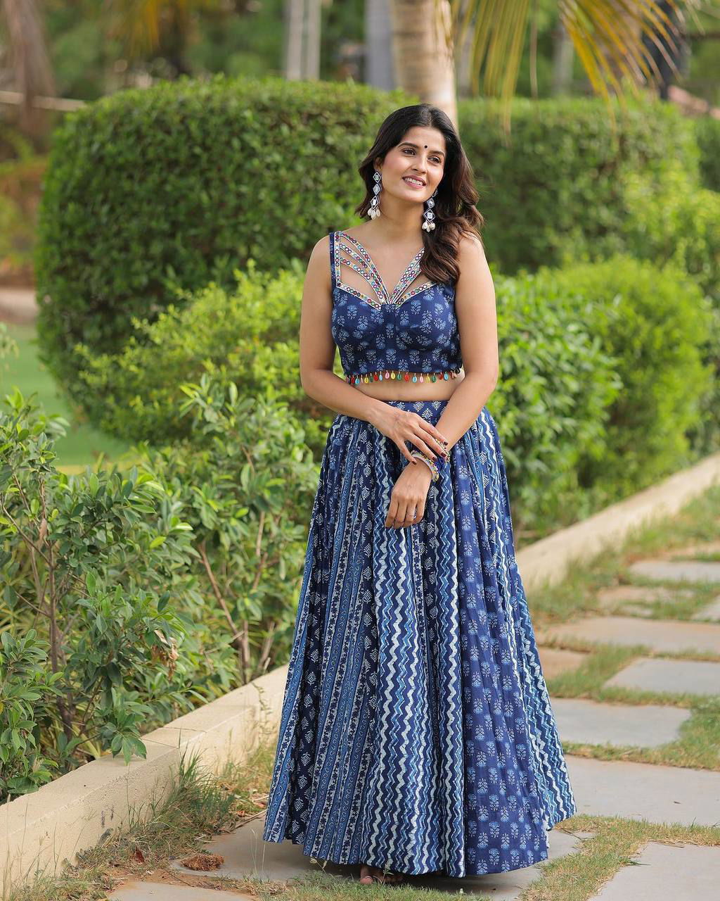 Navy Blue Color Maslin With Printed  Navratri  Special Designer Lehengas - Ahesas
