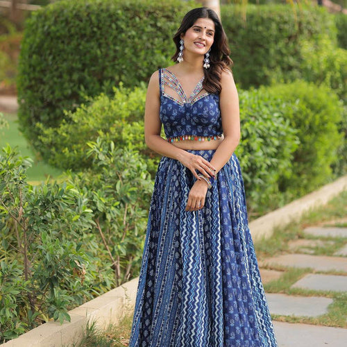 Navy Blue Color Maslin With Printed  Navratri  Special Designer Lehengas - Ahesas