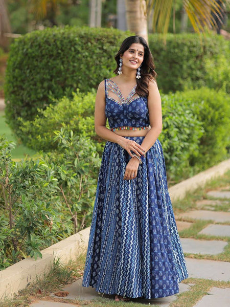 Navy Blue Color Maslin With Printed  Navratri  Special Designer Lehengas - Ahesas