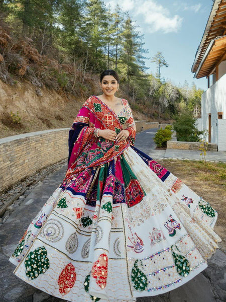 Off White  Color Muslin Cotton With Digital Print Real Mirror Work Designer Navratri  Special Lehenga Choli Set - Ahesas