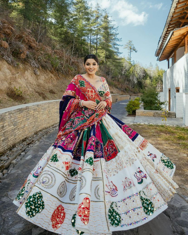 Off White  Color Muslin Cotton With Digital Print Real Mirror Work Designer Navratri  Special Lehenga Choli Set - Ahesas