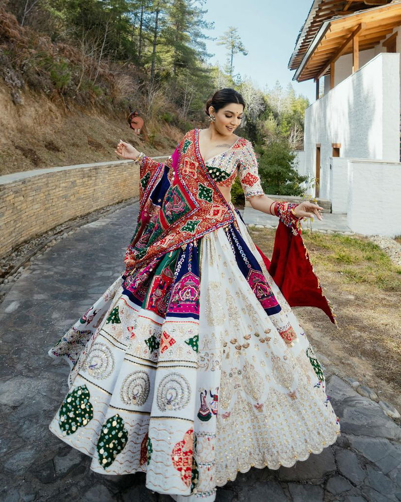 Off White  Color Muslin Cotton With Digital Print Real Mirror Work Designer Navratri  Special Lehenga Choli Set - Ahesas