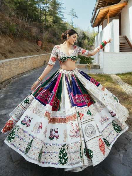 Off White  Color Muslin Cotton With Digital Print Real Mirror Work Designer Navratri  Special Lehenga Choli Set - Ahesas