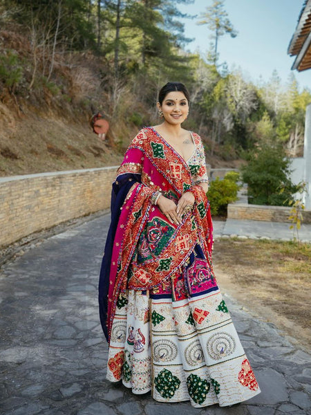 Off White  Color Muslin Cotton With Digital Print Real Mirror Work Designer Navratri  Special Lehenga Choli Set - Ahesas