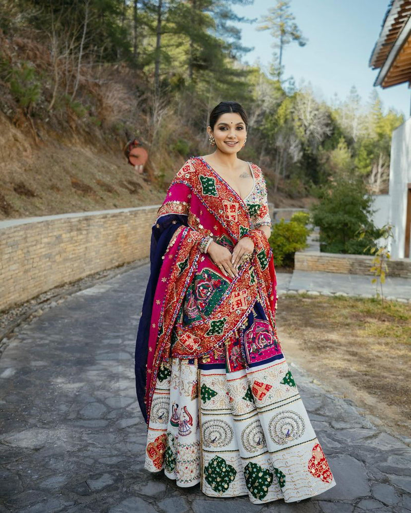 Off White  Color Muslin Cotton With Digital Print Real Mirror Work Designer Navratri  Special Lehenga Choli Set - Ahesas