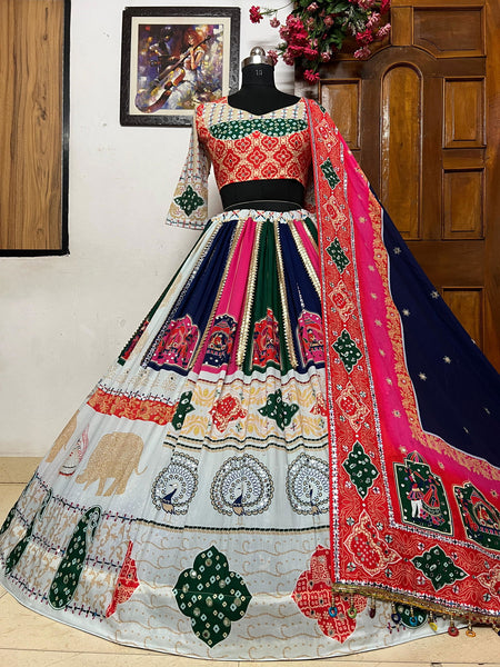 Off White  Color Muslin Cotton With Digital Print Real Mirror Work Designer Navratri  Special Lehenga Choli Set - Ahesas