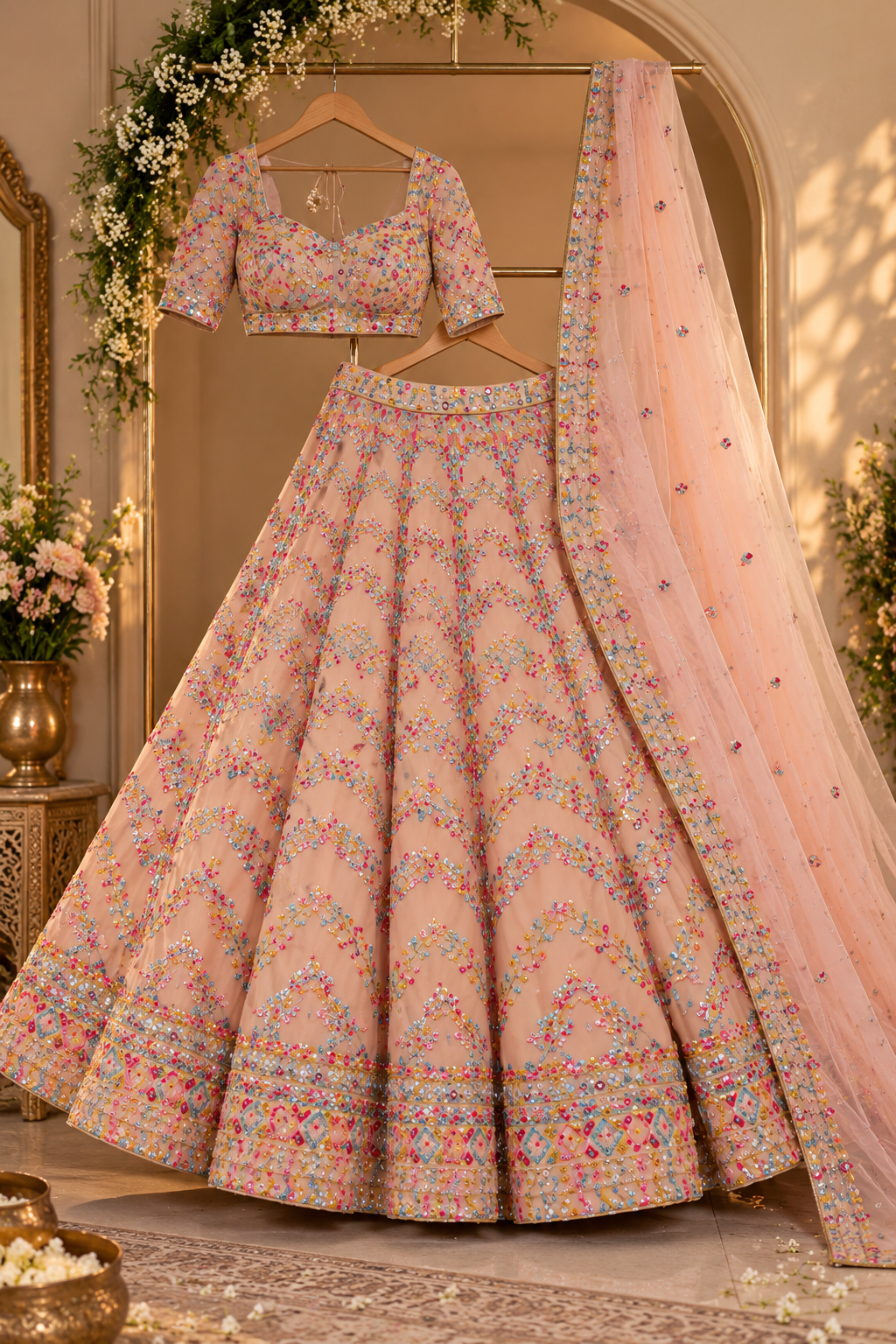 Peach Multicolor Paper Mirror Work Embroidered Lehenga Choli