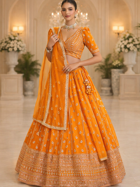 Orange Wedding & Party Wear Designer Sequence Embroidery Work Georgette Lehenga Choli