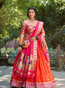 Orange Color Jacquard Silk Paithani Lehenga With Zari Work Lehenga Choli Set - Ahesas
