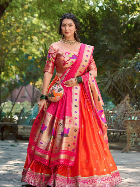 Orange Color Jacquard Silk Paithani Lehenga With Zari Work Lehenga Choli Set - Ahesas