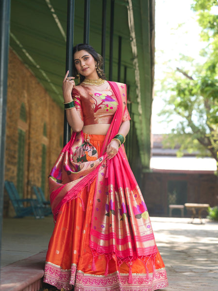 Orange Color Jacquard Silk Paithani Lehenga With Zari Work Lehenga Choli Set - Ahesas