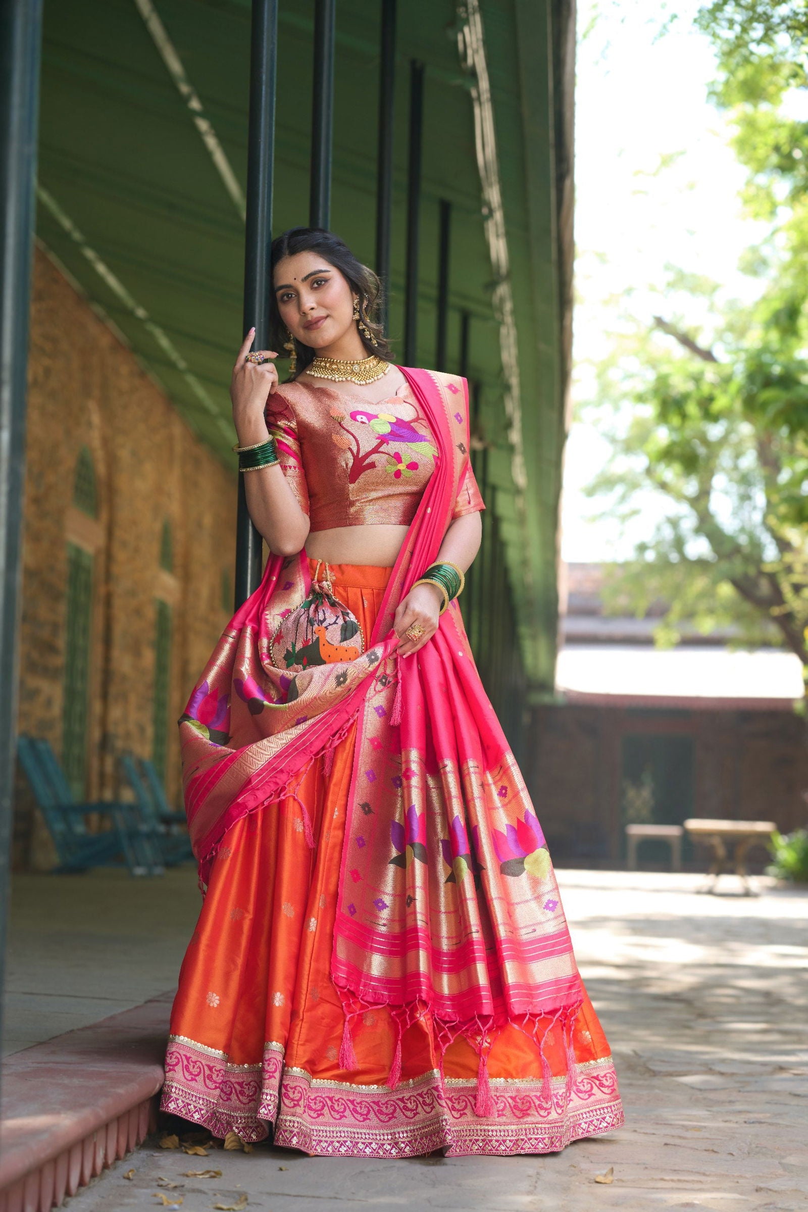 Orange Color Jacquard Silk Paithani Lehenga With Zari Work Lehenga Choli Set - Ahesas