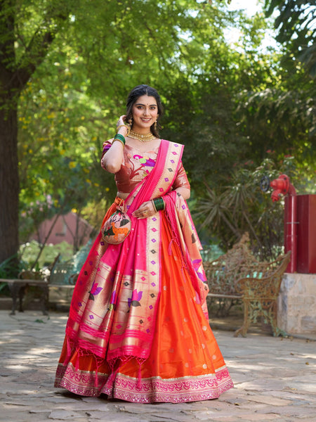 Orange Color Jacquard Silk Paithani Lehenga With Zari Work Lehenga Choli Set - Ahesas