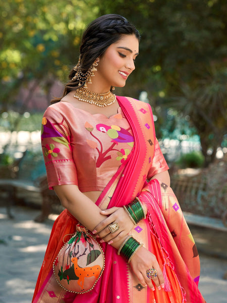 Orange Color Jacquard Silk Paithani Lehenga With Zari Work Lehenga Choli Set - Ahesas