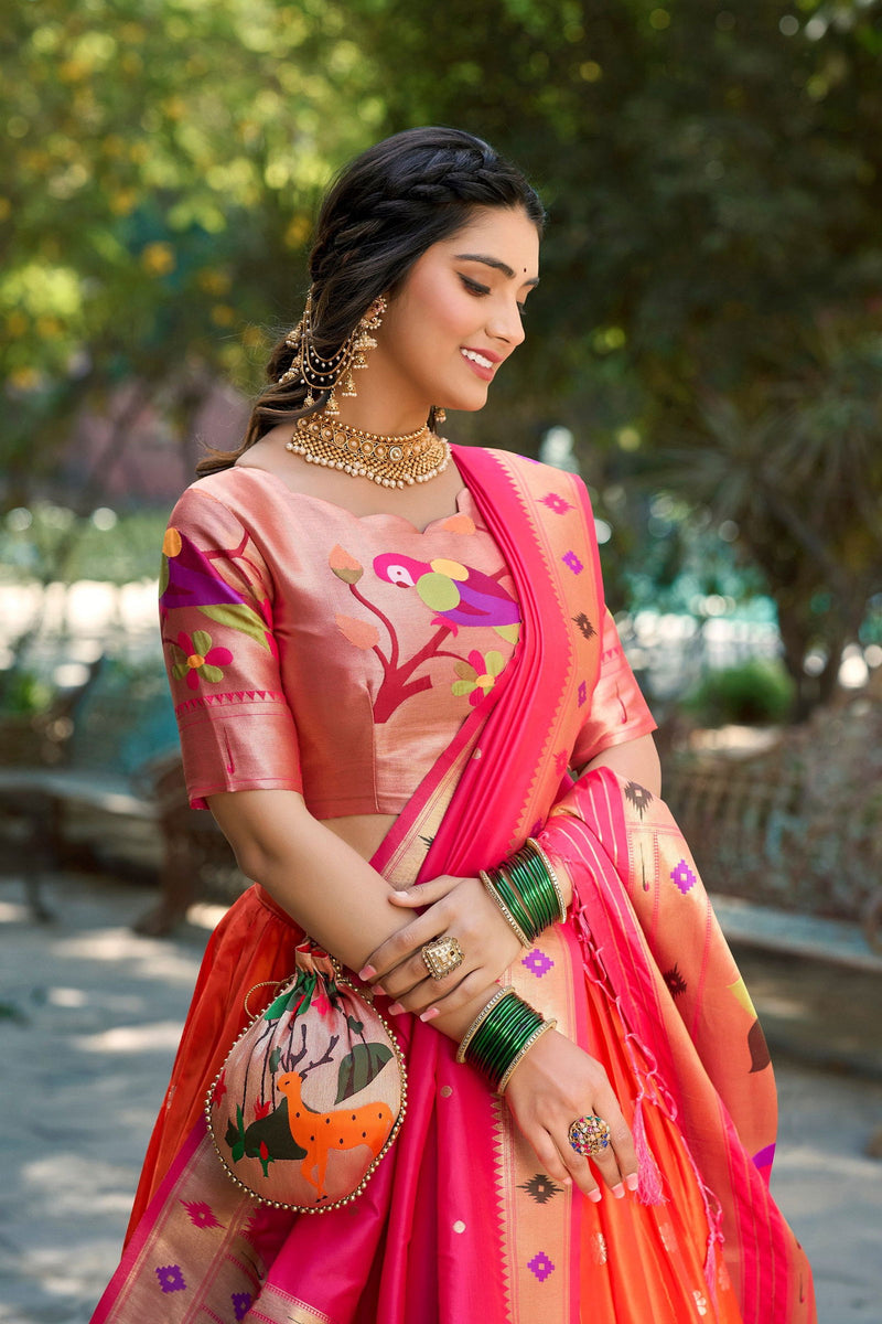 Orange Color Jacquard Silk Paithani Lehenga With Zari Work Lehenga Choli Set - Ahesas