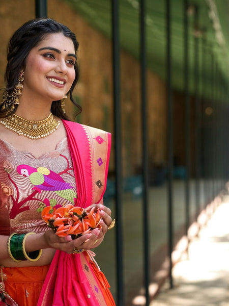Orange Color Jacquard Silk Paithani Lehenga With Zari Work Lehenga Choli Set - Ahesas