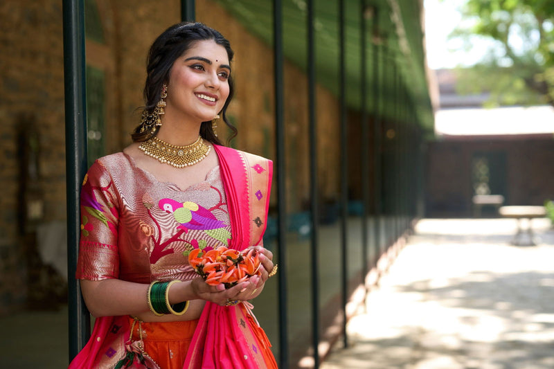 Orange Color Jacquard Silk Paithani Lehenga With Zari Work Lehenga Choli Set - Ahesas