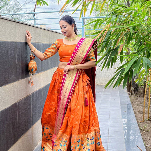 Orange Paithani Jacquard Weaving Traditional Designer Lehenga - Ahesas
