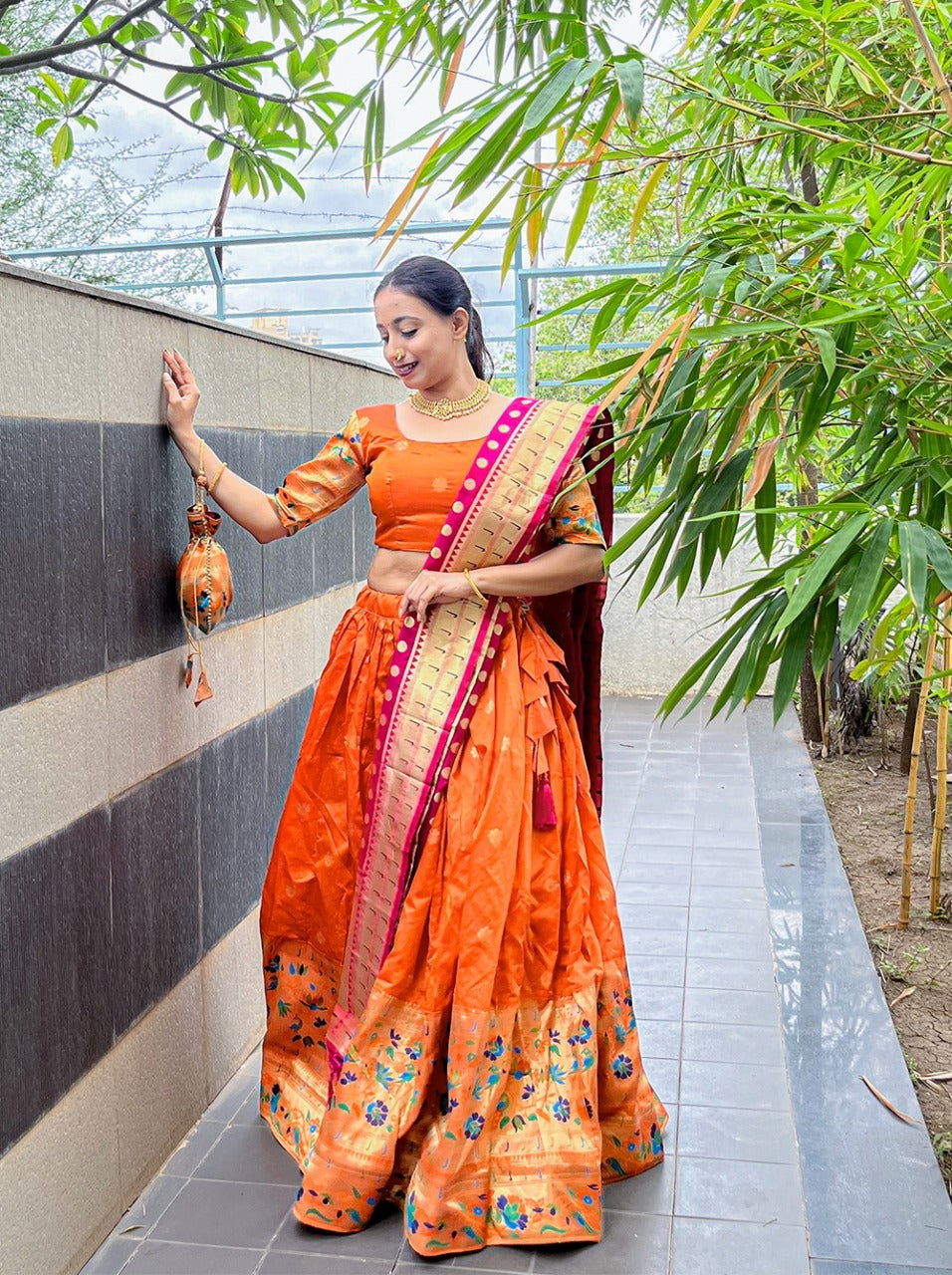 Orange Paithani Jacquard Weaving Traditional Designer Lehenga - Ahesas
