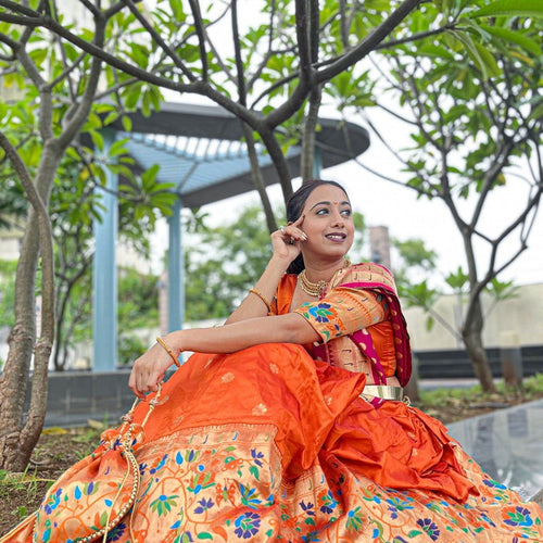 Orange Paithani Jacquard Weaving Traditional Designer Lehenga - Ahesas