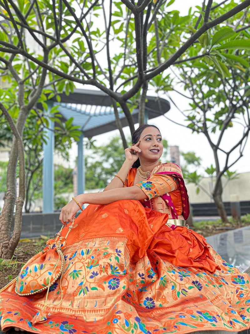 Orange Paithani Jacquard Weaving Traditional Designer Lehenga - Ahesas
