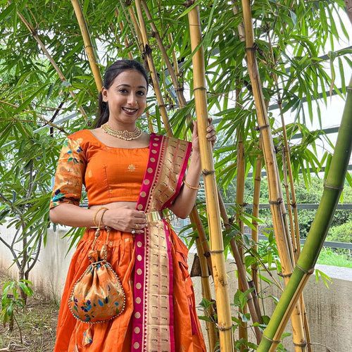 Orange Paithani Jacquard Weaving Traditional Designer Lehenga - Ahesas