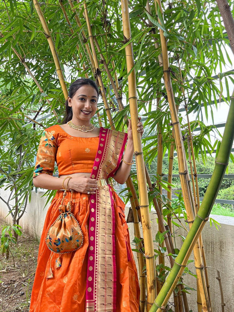 Orange Paithani Jacquard Weaving Traditional Designer Lehenga - Ahesas